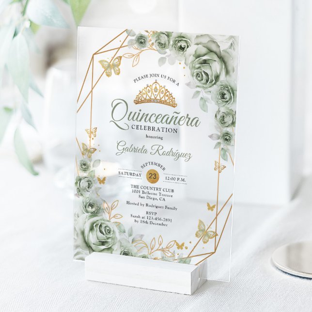 Quinceanera Floral Sage Green Gold Acryleinladungen (Von Creator hochgeladen)