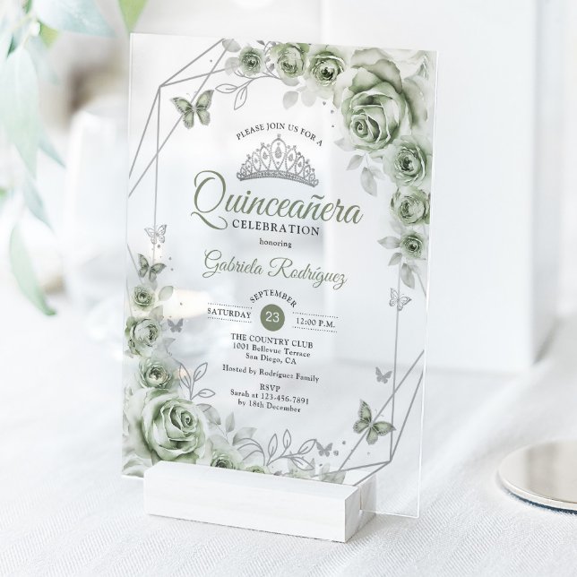 Quinceanera Floral Sage Green Silver Acryleinladungen (Von Creator hochgeladen)