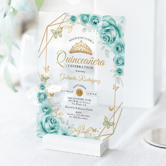 Quinceanera Floral Turquoise Gold Acryleinladungen