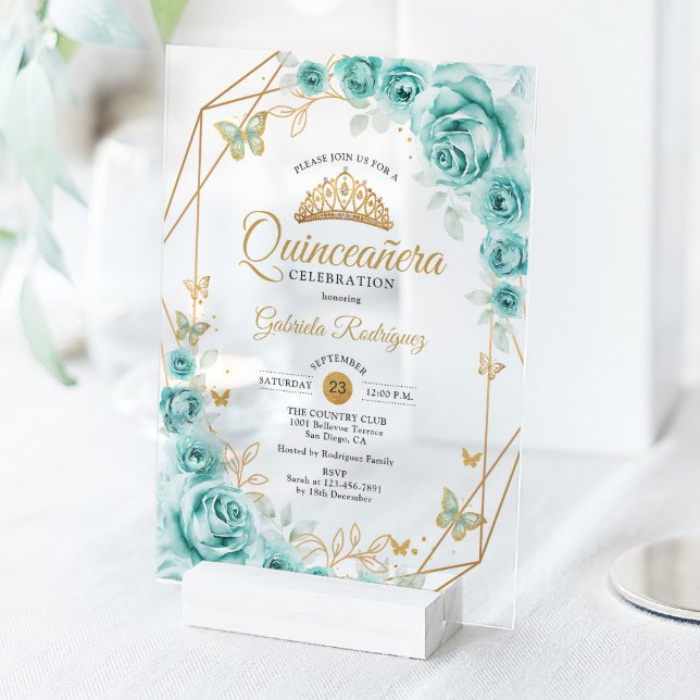 Quinceanera Floral Turquoise Gold Acryleinladungen (Von Creator hochgeladen)
