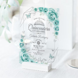 Quinceanera Floral Turquoise Silver Acryleinladungen