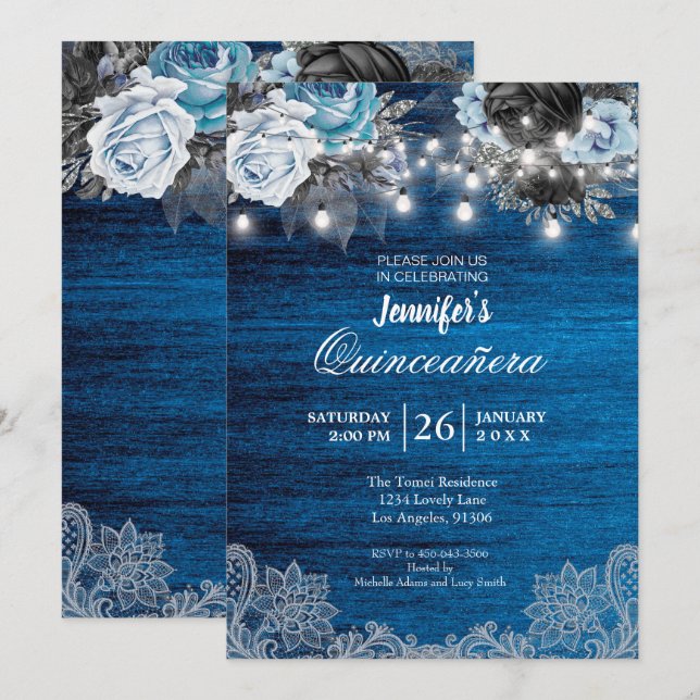 Quinceanera Florale Bleue Rustique Invitation (Devant / Derrière)