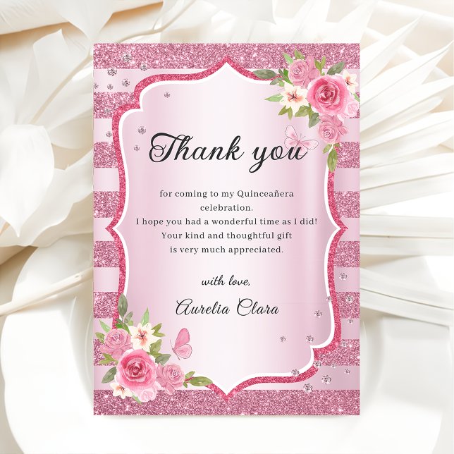 Quinceanera florale rose Carte de remerciements (Créateur téléchargé)