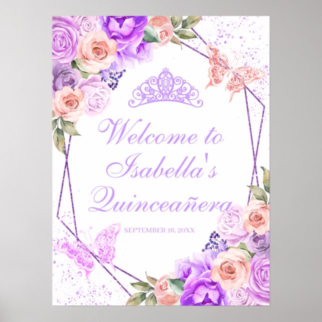 Quinceanera florale rose et violet Affiche de bien (Devant)