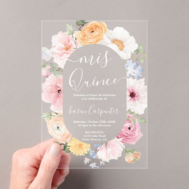 Quinceanera Florale Rose Invitation Acrylique (In situ (ordinateur de poche))