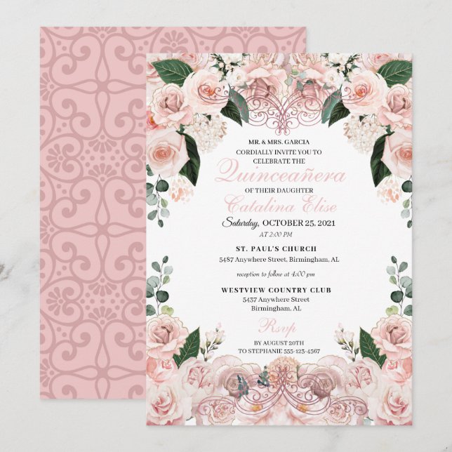 Quinceanera florale rose pâle Invitation d'anniver (Devant / Derrière)