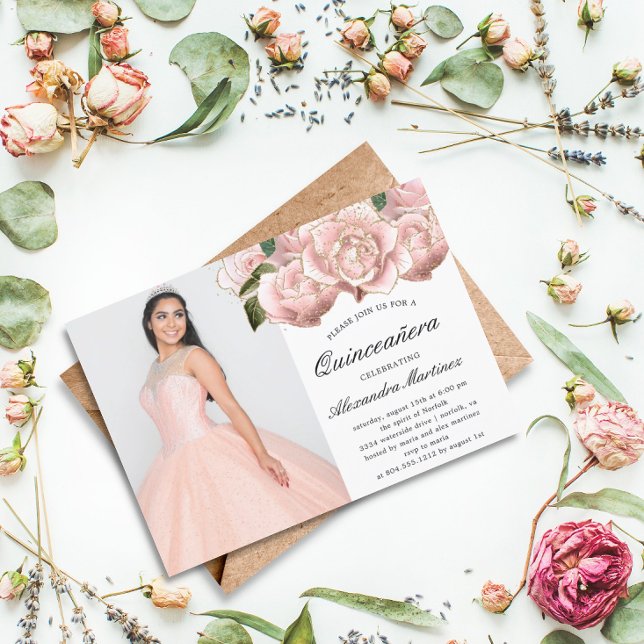 Quinceanera florale rose pâle - Invitation photo (Créateur téléchargé)