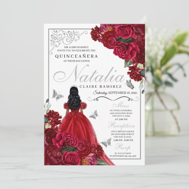 Quinceanera Florale Rouge & Argent Invitation Anni (Debout devant)
