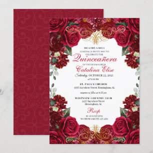 Quinceanera Florale Rouge & Or Invitation Annivers