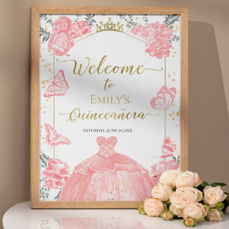 Quinceanera Foto Begrüßung Rosa Blütengold Poster