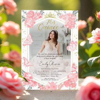 Quinceanera Foto Einladung Rosa Blütenblättrige Go