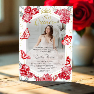 Quinceanera Foto Einladung Rote Flora Goldene Fore
