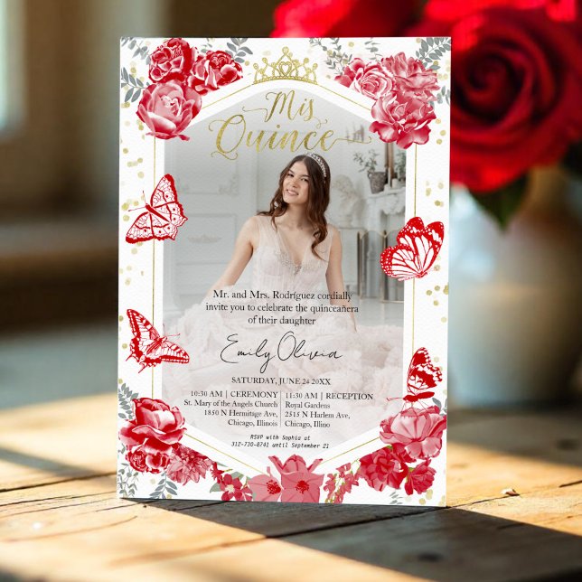 Quinceanera Foto Einladung Rote Flora Goldene Fore (Von Creator hochgeladen)