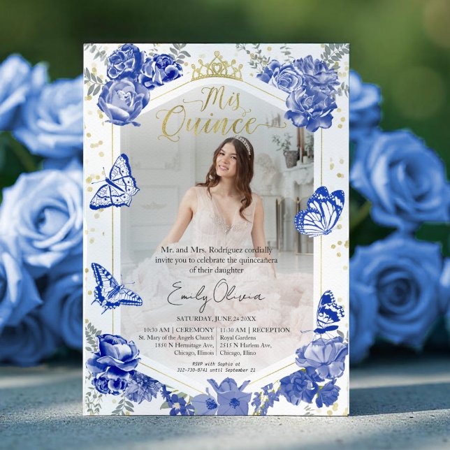 Quinceanera Foto Einladung Royal Blue Floral Gol (Von Creator hochgeladen)