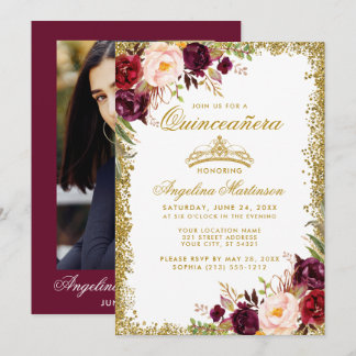 Quinceanera Foto Gold Burgund Blumenkrone Einladung