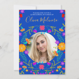 Quinceanera Foto Mexican Fiesta Floral Royal Blue Einladung