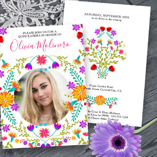 Quinceanera Foto Mexican Fiesta Floral White Einladung