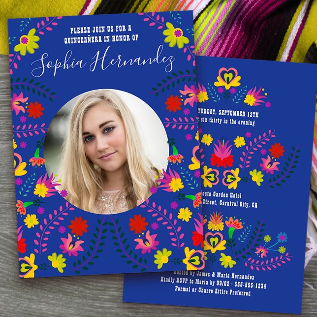 Quinceanera Foto Mexican Fiesta Party Blue Einladung (Quinceanera Invitation with photo from my Mexican Fiesta Party collection)