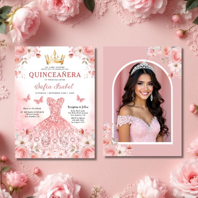 Quinceañera Foto Rosa Rosa Rosa Blütenblume Einladung (Von Creator hochgeladen)