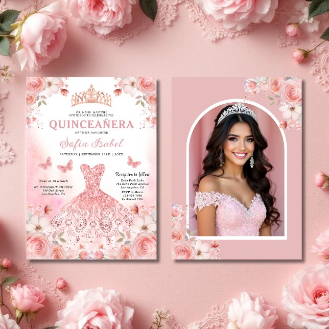 Quinceañera Foto Rosa Rosa Rosa Blütenblume Einladung (Von Creator hochgeladen)