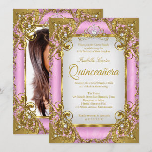 Quinceanera-Foto Rosa Weiße Goldene Perlen-Tiara Einladung