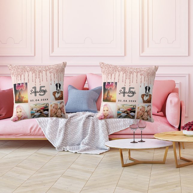 Quinceanera Foto Rose Gold Glitzer Rosa Kissen (Von Creator hochgeladen)