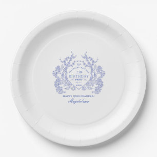 Quinceanera French Blue Floral Wappen Custom Pappteller