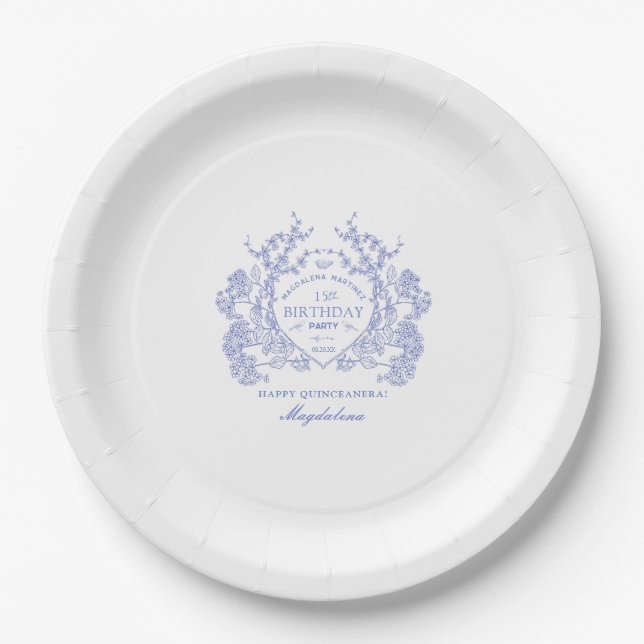 Quinceanera French Blue Floral Wappen Custom Pappteller (Vorderseite)