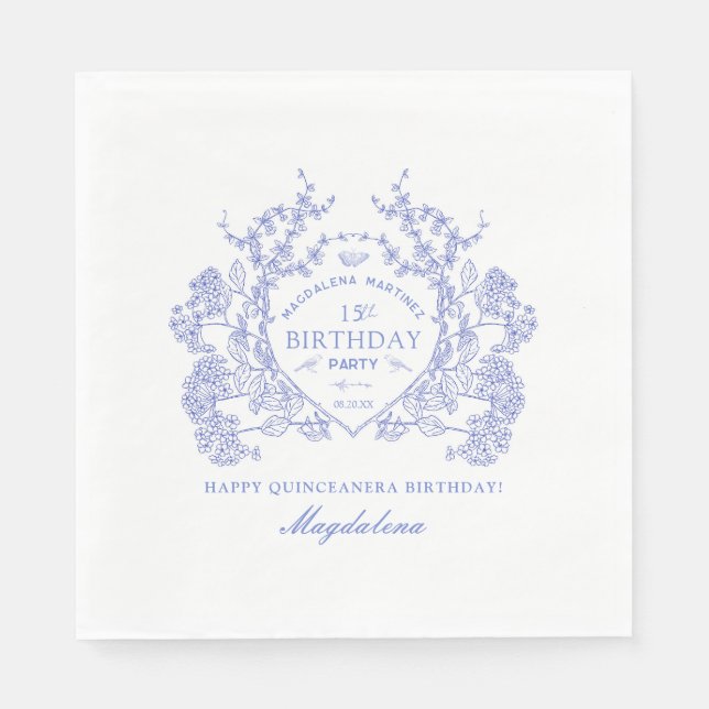Quinceanera French Blue Floral Wappen Custom Serviette (Vorderseite)
