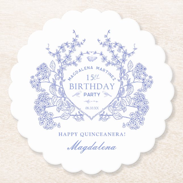Quinceanera French Blue Floral Wappen Custom Untersetzer (Vorderseite)