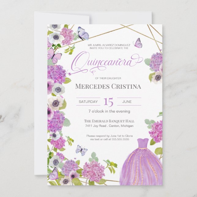 Quinceañera Frühlingsgarten Blumenschmetterling Pa Einladung (Vorderseite)