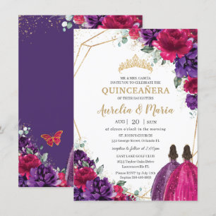 Quinceañera Fuchsia Dark Lila Floral Rose Twins Einladung