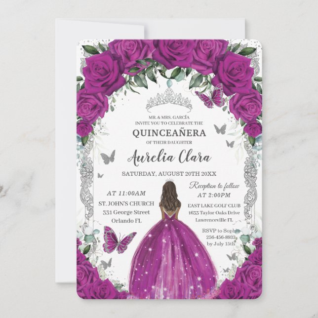 Quinceanera Fuchsia Floral Vintag Silber Brown Einladung (Vorderseite)