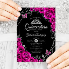 Quinceanera Fuchsia Pink Black Silver Floral Einladung