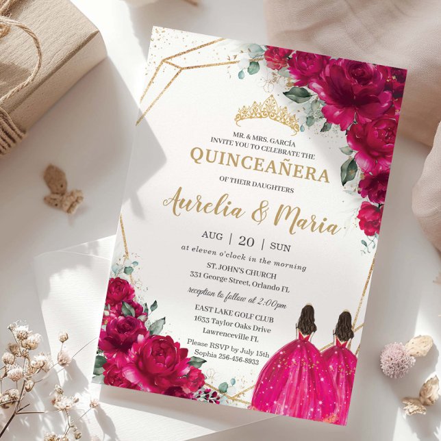 Quinceañera Fuchsia Pink Floral Twins Prinzessinne Einladung (fuchsia-hot-pink-floral-quinceanera-gold-twins-princesses-dress-15-sweet-16-birthday-invitation-card)