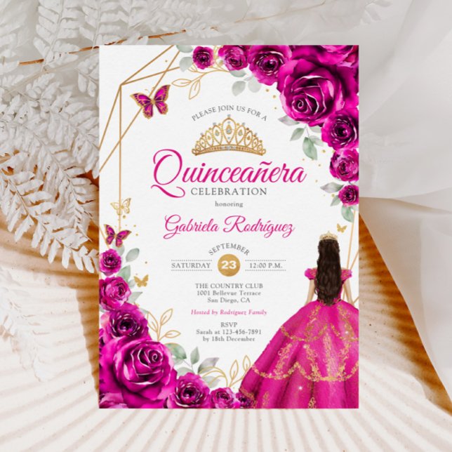Quinceanera Fuchsia Pink Gold Dress Einladung (Von Creator hochgeladen)