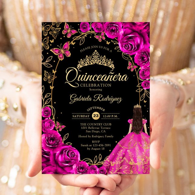 Quinceanera Fuchsia Pink Gold Einladung (Von Creator hochgeladen)
