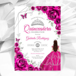 Quinceanera Fuchsia Pink Silver Dress Einladung