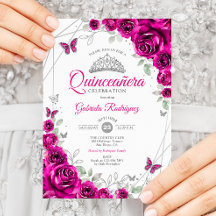Quinceanera Fuchsia Pink Silver Floral