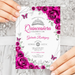 Quinceanera Fuchsia Pink Silver Floral Einladung