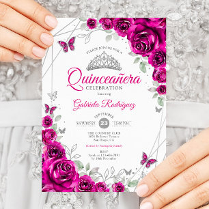 Quinceanera Fuchsia Pink Silver Floral Einladung