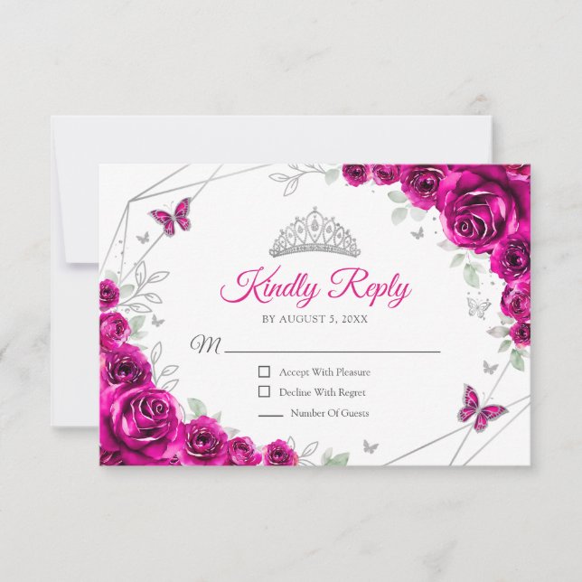 Quinceanera Fuchsia Pink Silver Floral Reply RSVP Karte (Vorderseite)