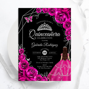 Quinceanera Fuchsia Rosa Silberkleid Floral Einladung
