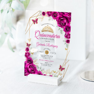 Quinceanera Fuchsienrosa Gold Blumen Acryleinladungen