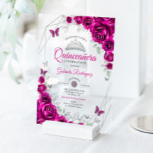 Quinceanera Fuchsienrosa Silber Blumen