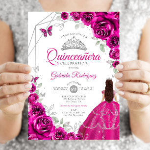 Quinceanera Fuchsienrosa Silbernes Kleid Einladung