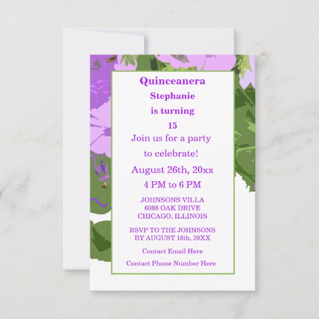 Quinceanera Fünfzehnte Geburtstagsfeier Lila Blüte Einladung (Vorderseite)