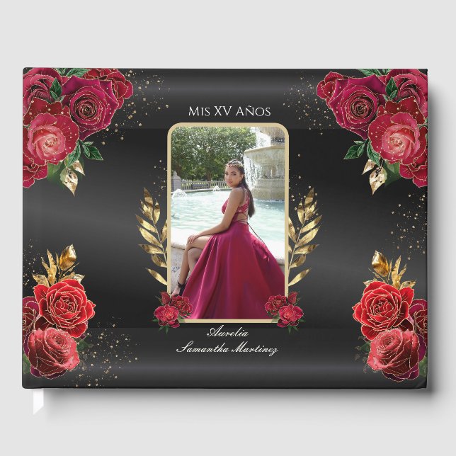Quinceañera Gästebuch Rote Rosen Schwarzer Hinterg (Vorderseite)