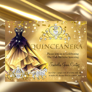 Quinceanera Geburtstags Gold Kleid Tiara Kutsche b Einladung