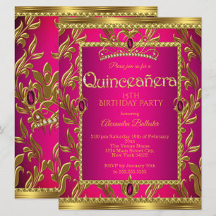 Quinceanera-Geburtstags-Hot-Pink-Juwel-Tiara Gold Einladung